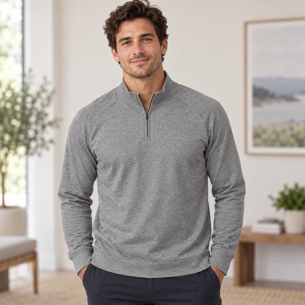 LL Bean Mens Gray Cotton Cashmere Quarter Zip Pullover Sweater Large Regular